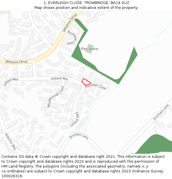 1, EVERLEIGH CLOSE, TROWBRIDGE, BA14 0UZ: Location map and indicative extent of plot
