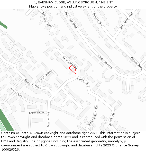 1, EVESHAM CLOSE, WELLINGBOROUGH, NN8 2NT: Location map and indicative extent of plot