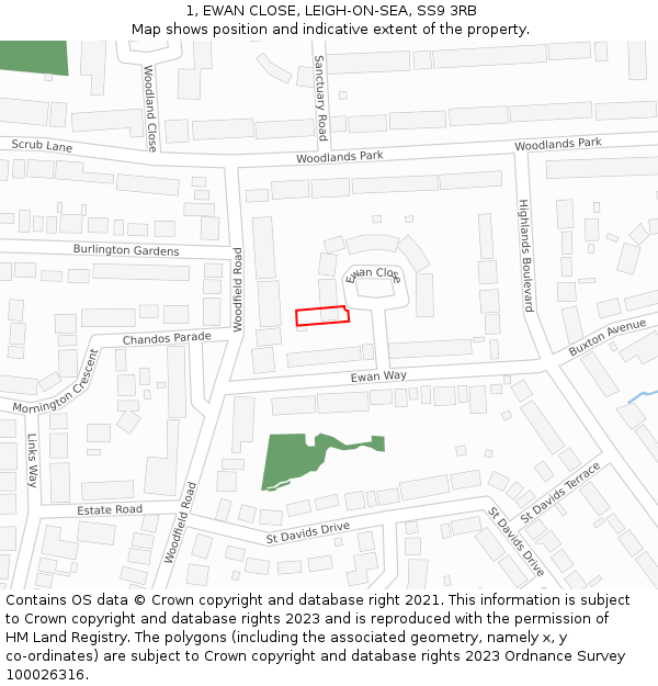 1, EWAN CLOSE, LEIGH-ON-SEA, SS9 3RB: Location map and indicative extent of plot