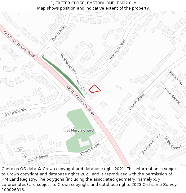 1, EXETER CLOSE, EASTBOURNE, BN22 0LA: Location map and indicative extent of plot