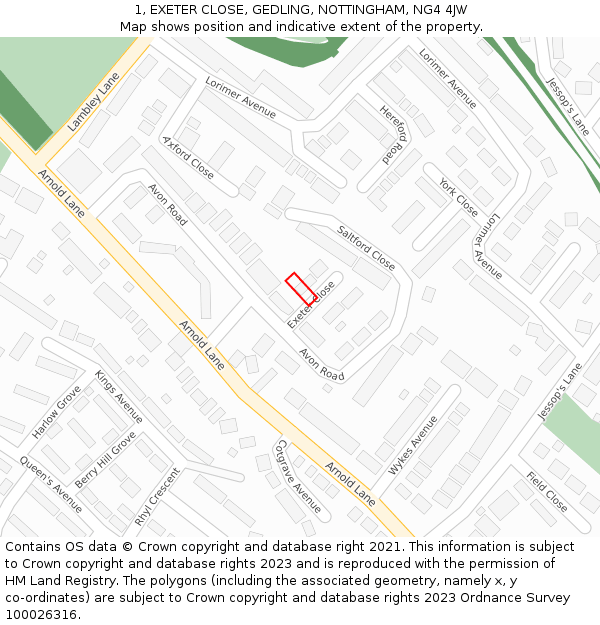 1, EXETER CLOSE, GEDLING, NOTTINGHAM, NG4 4JW: Location map and indicative extent of plot