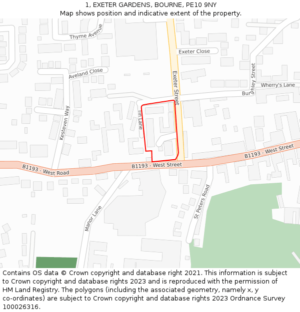 1, EXETER GARDENS, BOURNE, PE10 9NY: Location map and indicative extent of plot