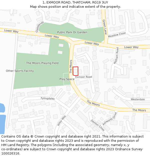 1, EXMOOR ROAD, THATCHAM, RG19 3UY: Location map and indicative extent of plot