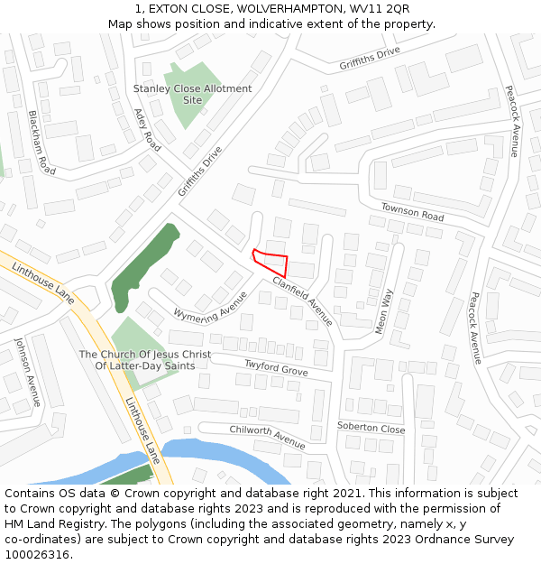 1, EXTON CLOSE, WOLVERHAMPTON, WV11 2QR: Location map and indicative extent of plot