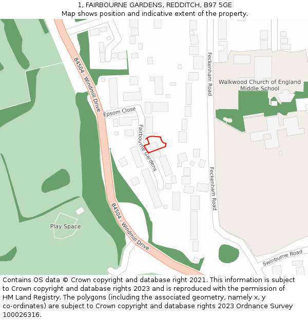 1, FAIRBOURNE GARDENS, REDDITCH, B97 5GE: Location map and indicative extent of plot