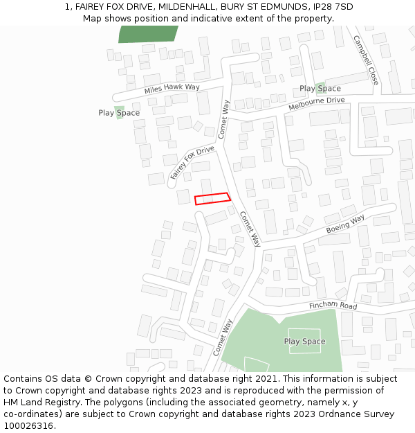 1, FAIREY FOX DRIVE, MILDENHALL, BURY ST EDMUNDS, IP28 7SD: Location map and indicative extent of plot