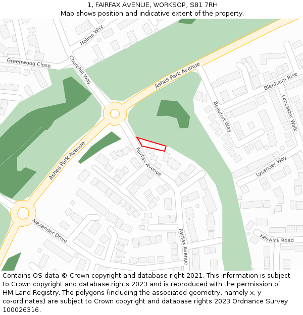 1, FAIRFAX AVENUE, WORKSOP, S81 7RH: Location map and indicative extent of plot