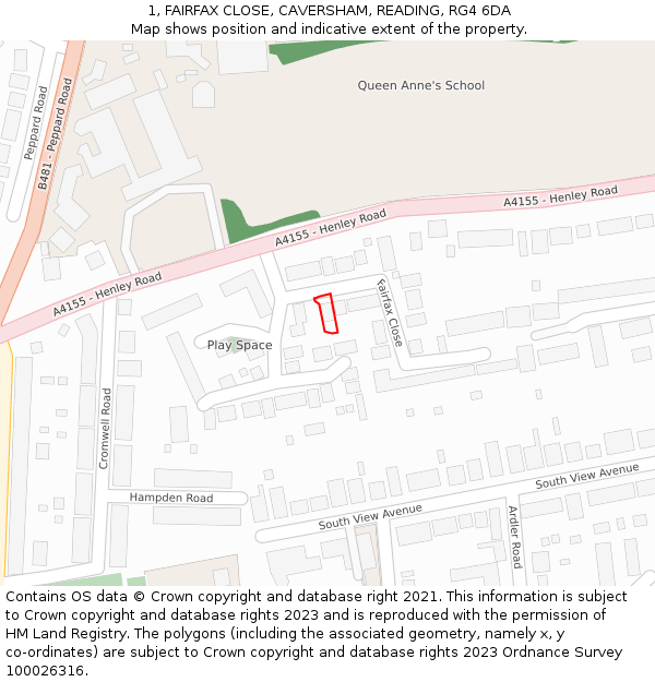 1, FAIRFAX CLOSE, CAVERSHAM, READING, RG4 6DA: Location map and indicative extent of plot