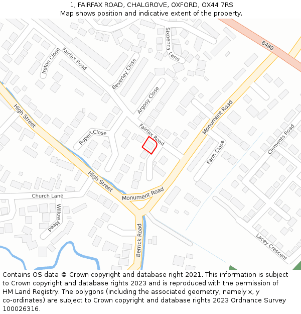 1, FAIRFAX ROAD, CHALGROVE, OXFORD, OX44 7RS: Location map and indicative extent of plot