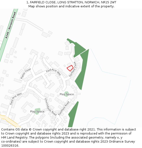 1, FAIRFIELD CLOSE, LONG STRATTON, NORWICH, NR15 2WT: Location map and indicative extent of plot