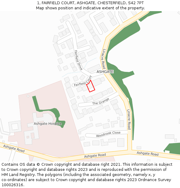 1, FAIRFIELD COURT, ASHGATE, CHESTERFIELD, S42 7PT: Location map and indicative extent of plot