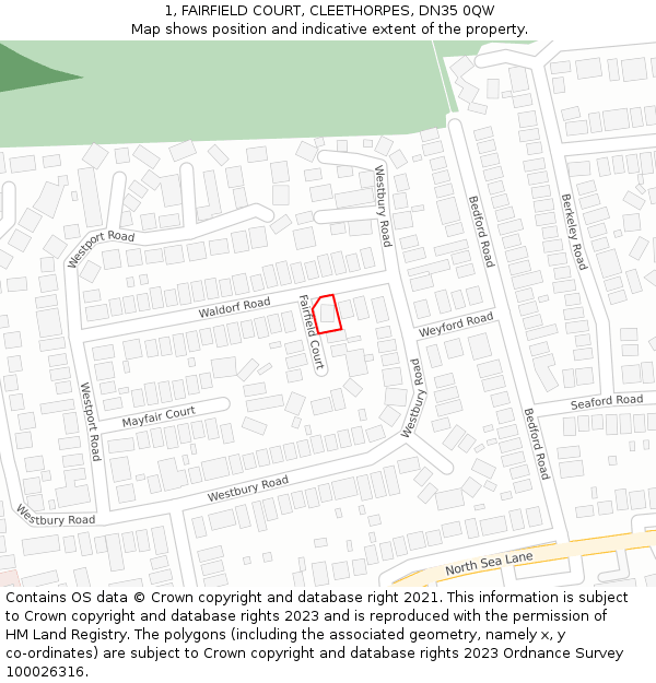 1, FAIRFIELD COURT, CLEETHORPES, DN35 0QW: Location map and indicative extent of plot