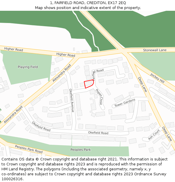 1, FAIRFIELD ROAD, CREDITON, EX17 2EQ: Location map and indicative extent of plot