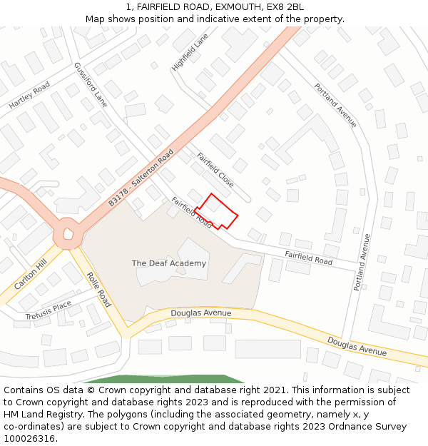1, FAIRFIELD ROAD, EXMOUTH, EX8 2BL: Location map and indicative extent of plot