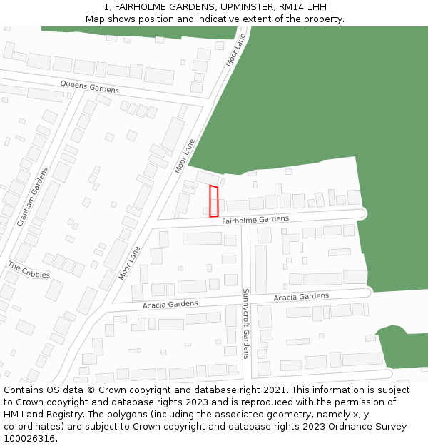 1, FAIRHOLME GARDENS, UPMINSTER, RM14 1HH: Location map and indicative extent of plot