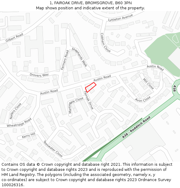 1, FAIROAK DRIVE, BROMSGROVE, B60 3PN: Location map and indicative extent of plot