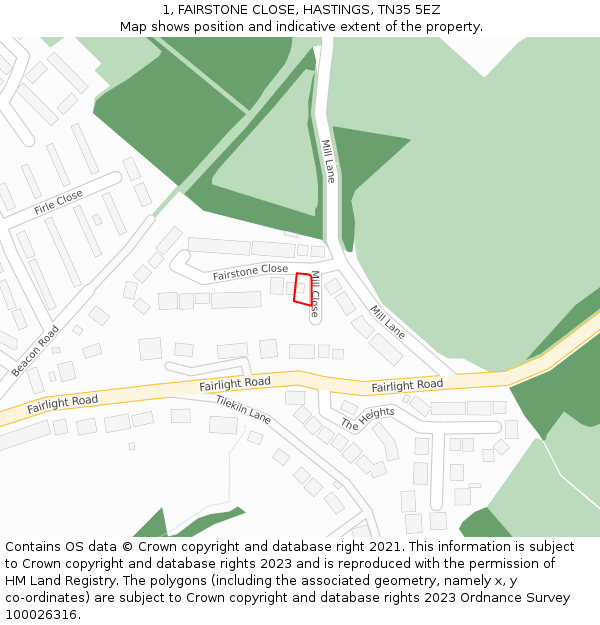 1, FAIRSTONE CLOSE, HASTINGS, TN35 5EZ: Location map and indicative extent of plot