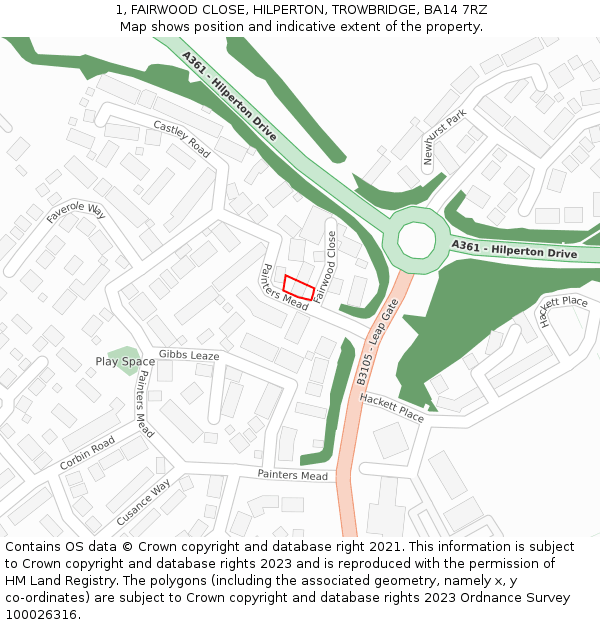 1, FAIRWOOD CLOSE, HILPERTON, TROWBRIDGE, BA14 7RZ: Location map and indicative extent of plot