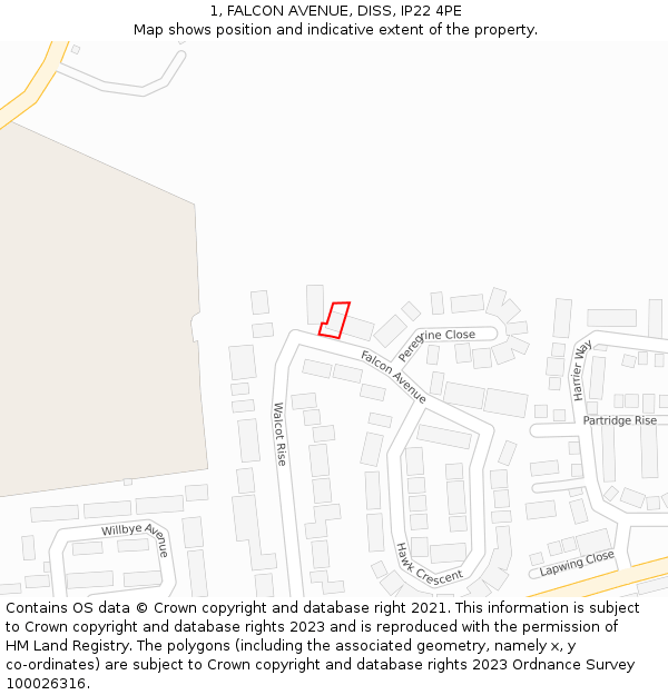 1, FALCON AVENUE, DISS, IP22 4PE: Location map and indicative extent of plot