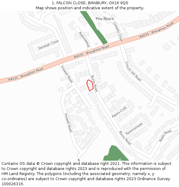 1, FALCON CLOSE, BANBURY, OX16 9QS: Location map and indicative extent of plot