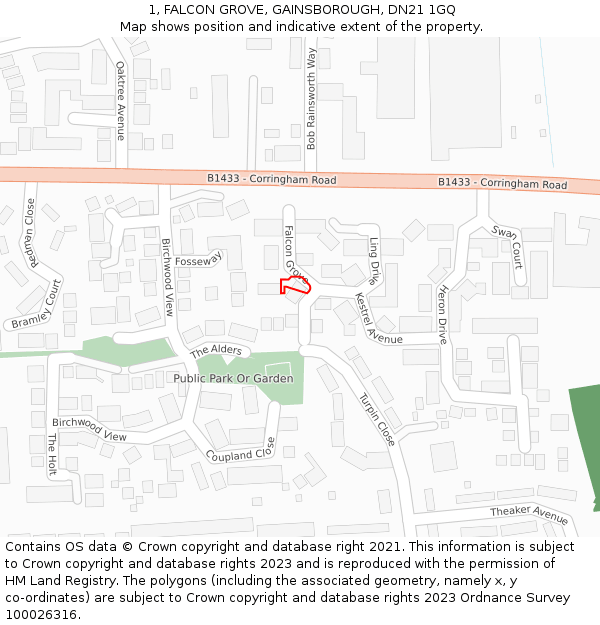 1, FALCON GROVE, GAINSBOROUGH, DN21 1GQ: Location map and indicative extent of plot