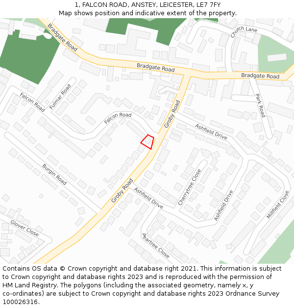 1, FALCON ROAD, ANSTEY, LEICESTER, LE7 7FY: Location map and indicative extent of plot
