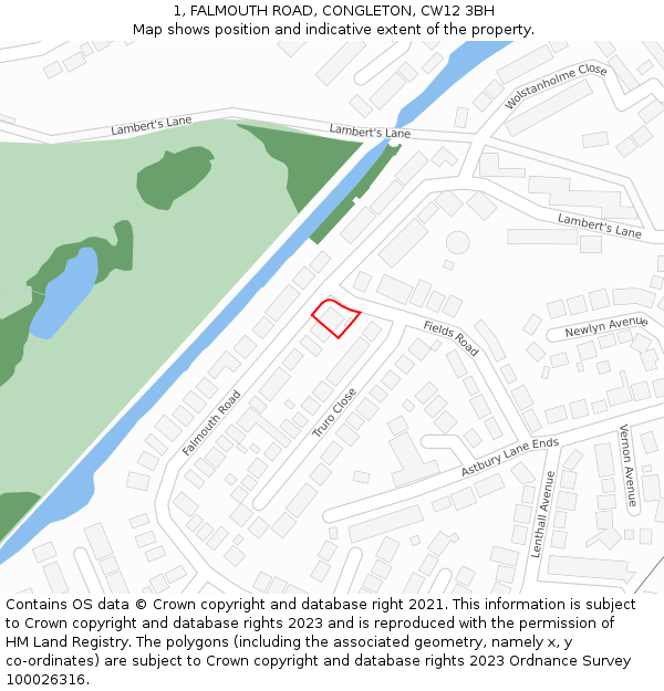 1, FALMOUTH ROAD, CONGLETON, CW12 3BH: Location map and indicative extent of plot