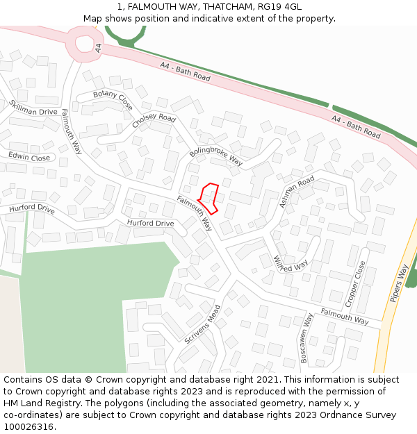 1, FALMOUTH WAY, THATCHAM, RG19 4GL: Location map and indicative extent of plot