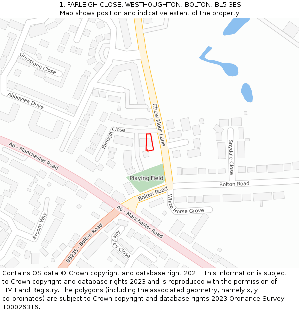 1, FARLEIGH CLOSE, WESTHOUGHTON, BOLTON, BL5 3ES: Location map and indicative extent of plot