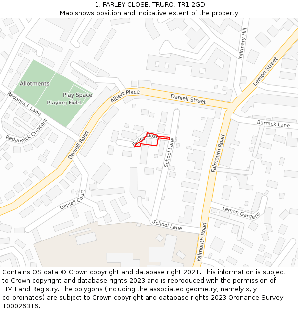 1, FARLEY CLOSE, TRURO, TR1 2GD: Location map and indicative extent of plot