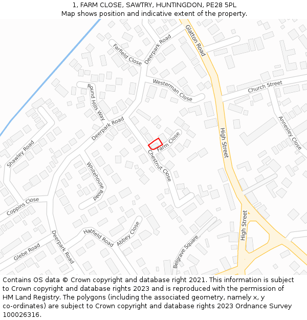 1, FARM CLOSE, SAWTRY, HUNTINGDON, PE28 5PL: Location map and indicative extent of plot