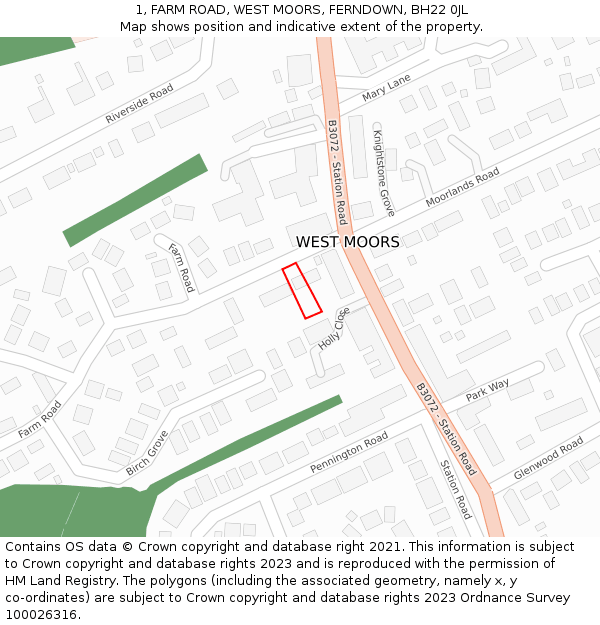 1, FARM ROAD, WEST MOORS, FERNDOWN, BH22 0JL: Location map and indicative extent of plot