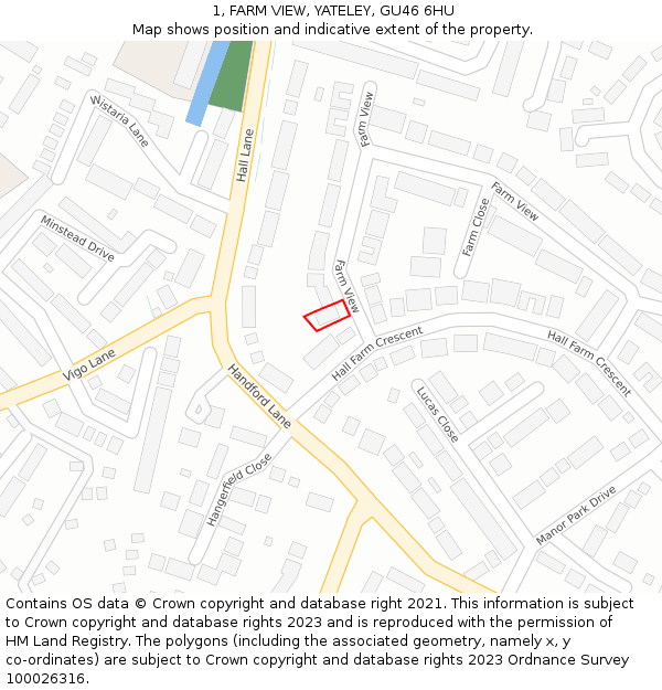 1, FARM VIEW, YATELEY, GU46 6HU: Location map and indicative extent of plot