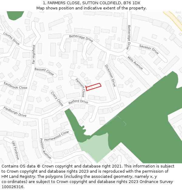 1, FARMERS CLOSE, SUTTON COLDFIELD, B76 1DX: Location map and indicative extent of plot