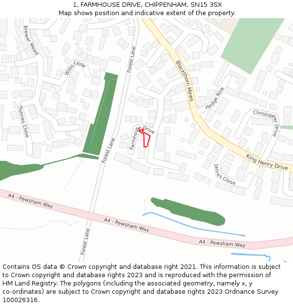1, FARMHOUSE DRIVE, CHIPPENHAM, SN15 3SX: Location map and indicative extent of plot