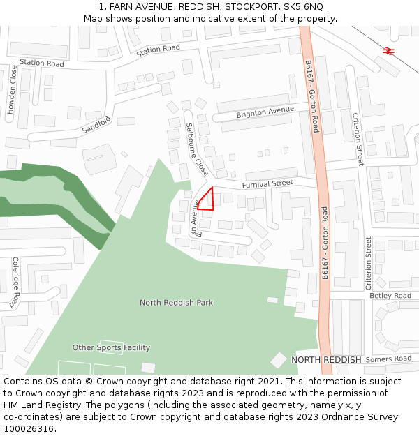 1, FARN AVENUE, REDDISH, STOCKPORT, SK5 6NQ: Location map and indicative extent of plot