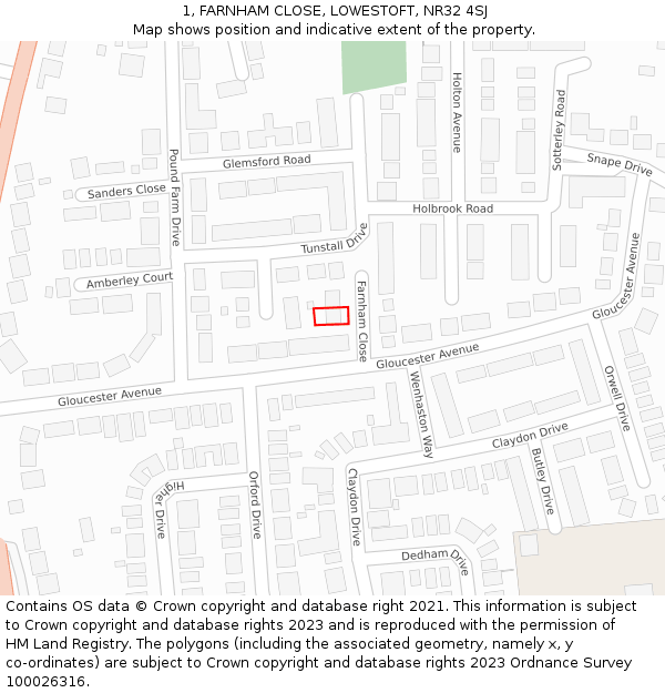 1, FARNHAM CLOSE, LOWESTOFT, NR32 4SJ: Location map and indicative extent of plot