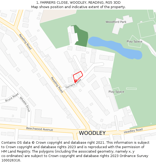 1, FARRIERS CLOSE, WOODLEY, READING, RG5 3DD: Location map and indicative extent of plot