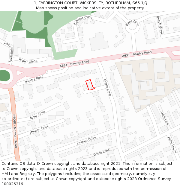 1, FARRINGTON COURT, WICKERSLEY, ROTHERHAM, S66 1JQ: Location map and indicative extent of plot