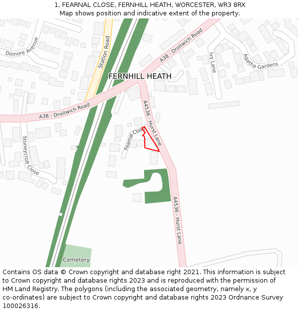 1, FEARNAL CLOSE, FERNHILL HEATH, WORCESTER, WR3 8RX: Location map and indicative extent of plot
