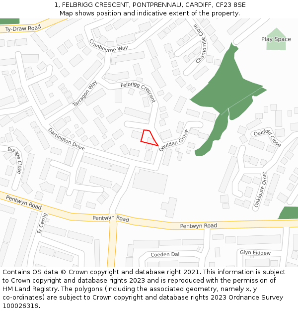 1, FELBRIGG CRESCENT, PONTPRENNAU, CARDIFF, CF23 8SE: Location map and indicative extent of plot