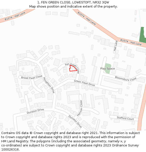 1, FEN GREEN CLOSE, LOWESTOFT, NR32 3QW: Location map and indicative extent of plot