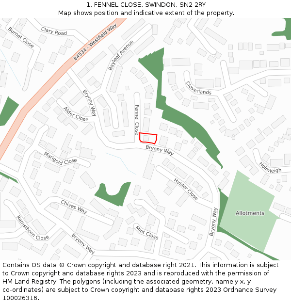 1, FENNEL CLOSE, SWINDON, SN2 2RY: Location map and indicative extent of plot