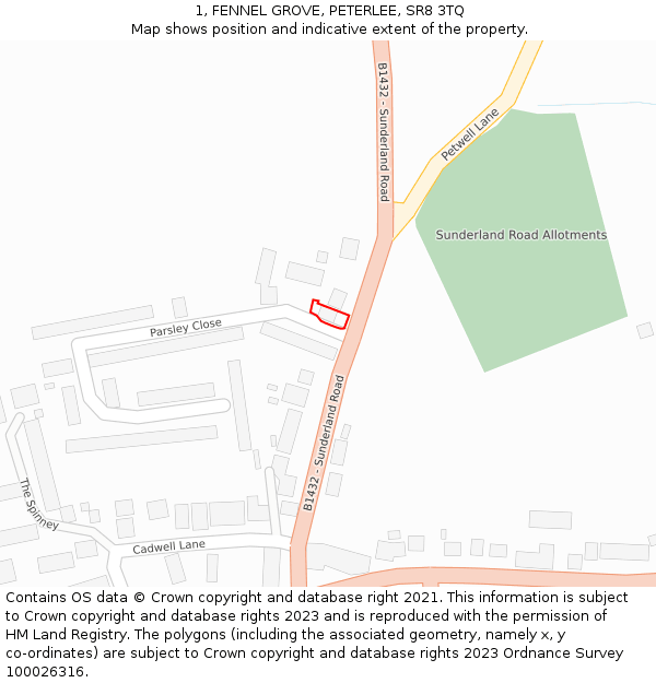 1, FENNEL GROVE, PETERLEE, SR8 3TQ: Location map and indicative extent of plot