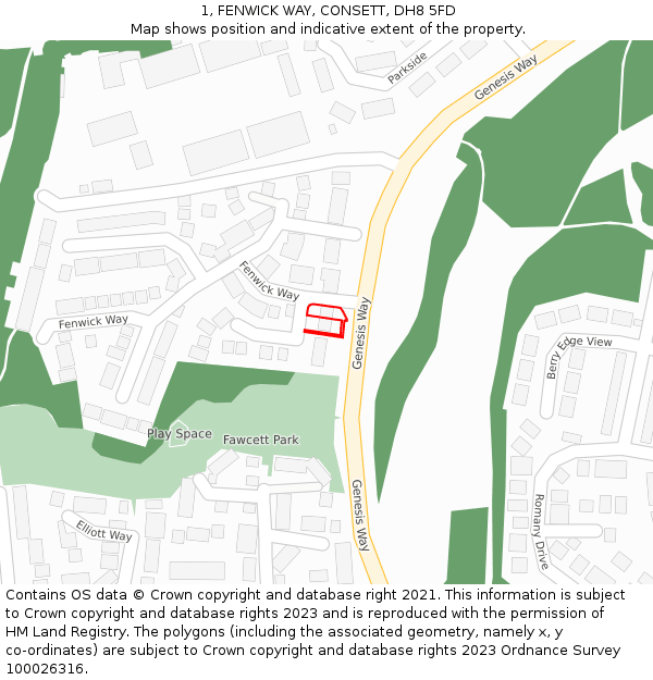 1, FENWICK WAY, CONSETT, DH8 5FD: Location map and indicative extent of plot