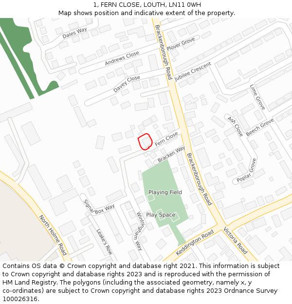 1, FERN CLOSE, LOUTH, LN11 0WH: Location map and indicative extent of plot