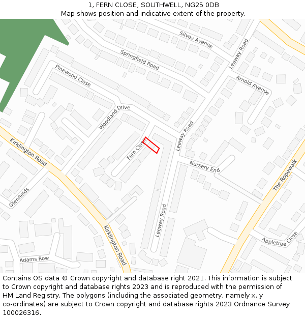 1, FERN CLOSE, SOUTHWELL, NG25 0DB: Location map and indicative extent of plot