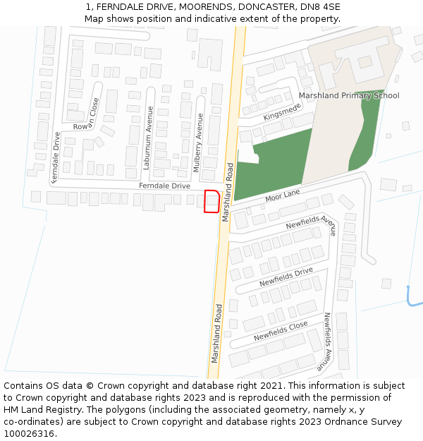 1, FERNDALE DRIVE, MOORENDS, DONCASTER, DN8 4SE: Location map and indicative extent of plot