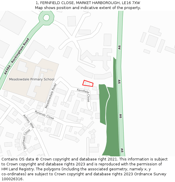 1, FERNFIELD CLOSE, MARKET HARBOROUGH, LE16 7XW: Location map and indicative extent of plot