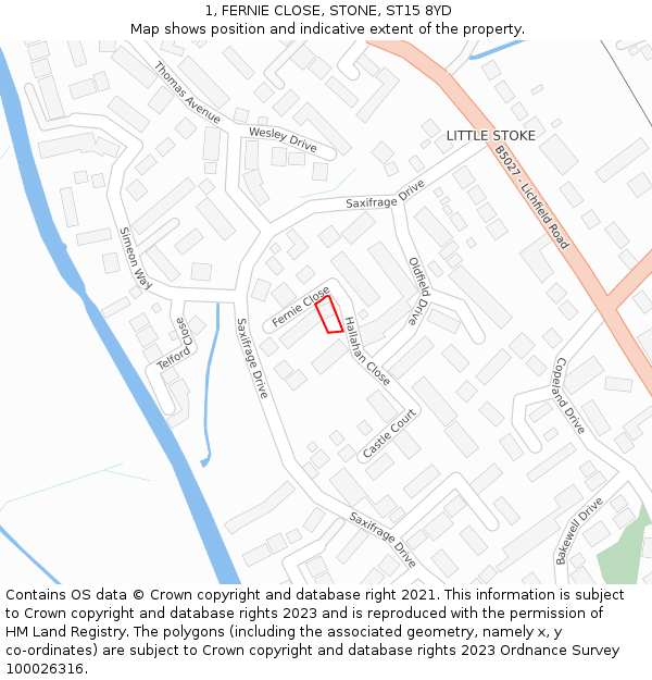 1, FERNIE CLOSE, STONE, ST15 8YD: Location map and indicative extent of plot